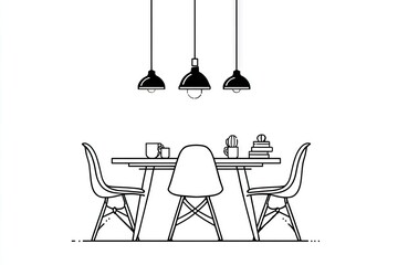 Simple line drawing of a dining table and chairs.
