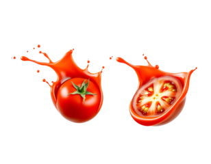 Tomato Splash Realistic depiction of a whole and halved tomato with juice splash