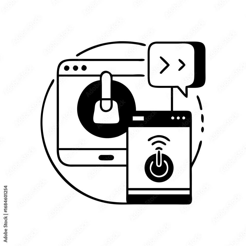 Poster abstract icon showing a smartphone and a computer screen with a speech bubble and power symbol icon