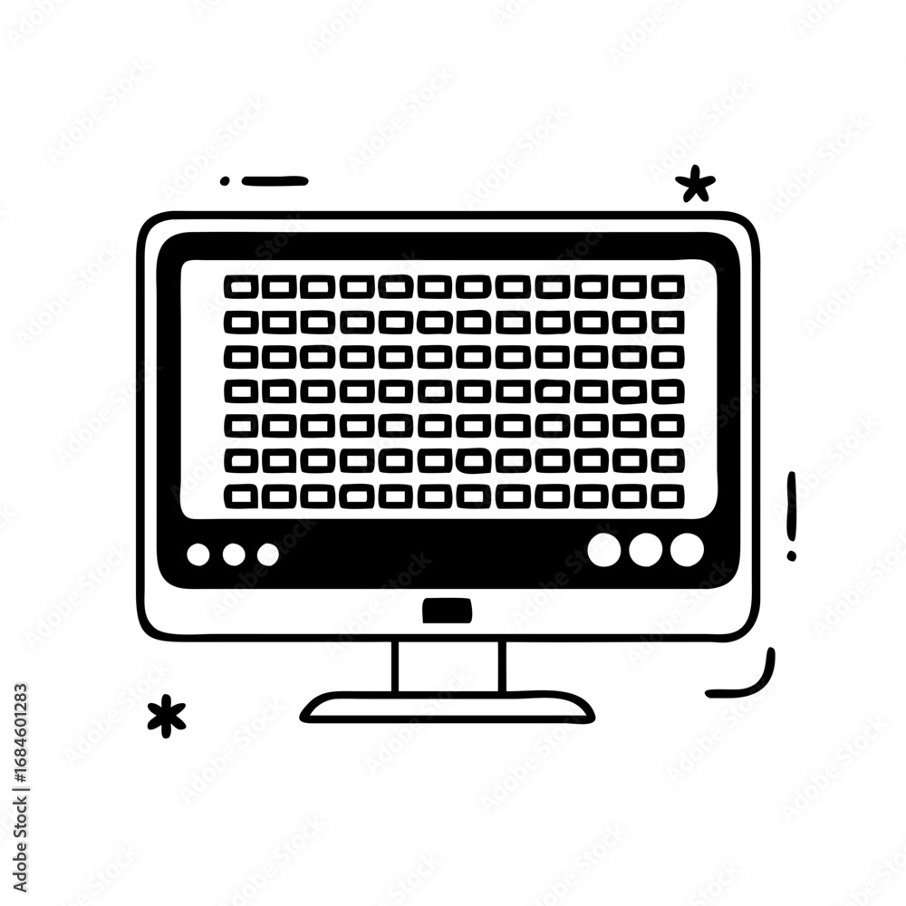 Poster computer monitor with a grid of squares on the screen icon
