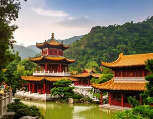 Fototapeta premium Serene Asian temple complex by water