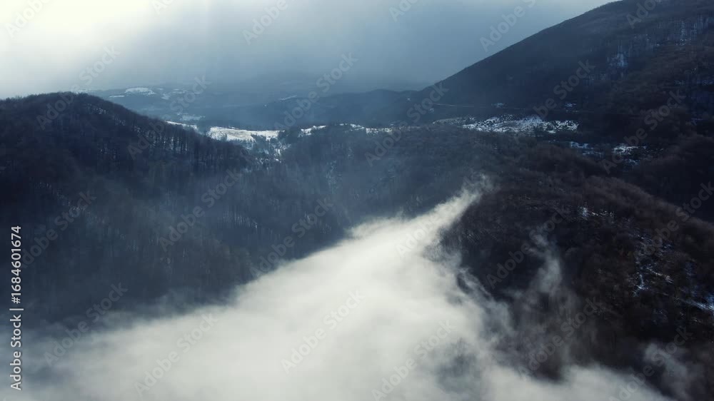 Poster mountains covered with trees appear through a blanket of clouds some snow is visible on the peaks wi