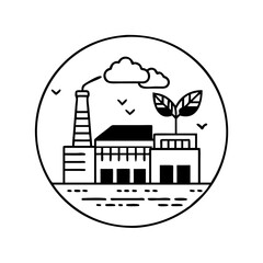 Black and white icon of a factory with a smokestack and a plant, symbolizing green industry and environmental responsibility icon
