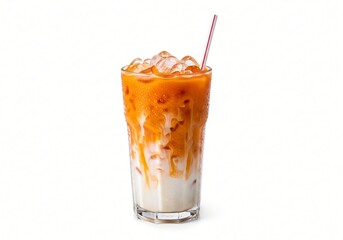Refreshing Iced Thai Tea with Milk and Ice Cubes in Glass Summer Drink
