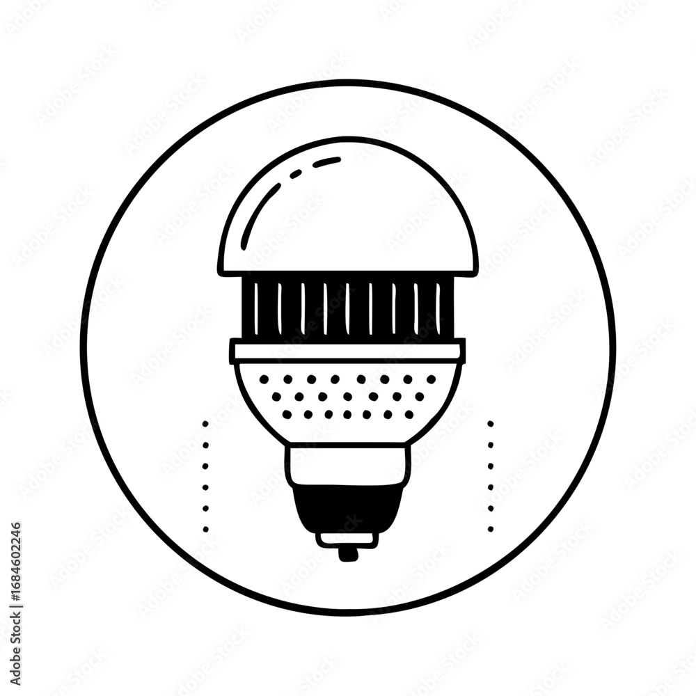Aufkleber stylized led light bulb symbol with radiating lines and dots within a circular frame icon