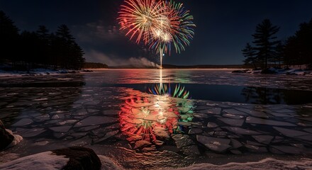 Fireworks Over Icy Lake at Night