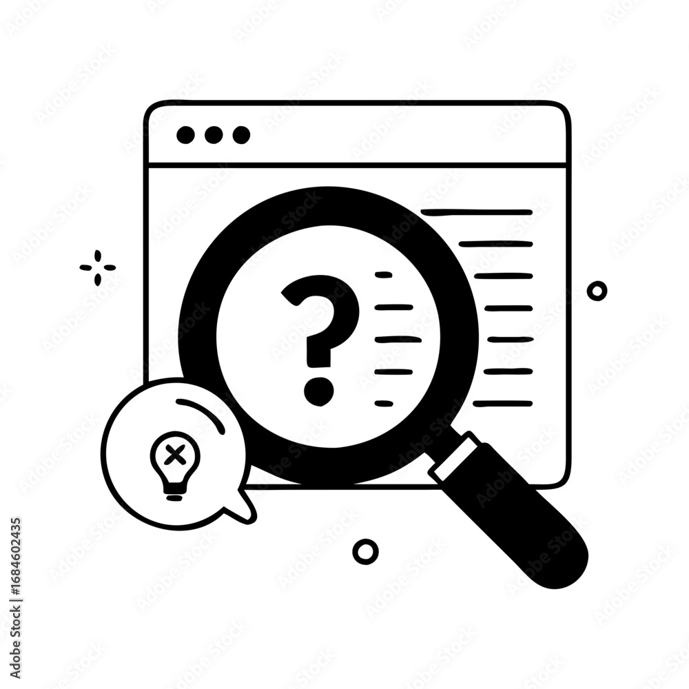 Poster magnifying glass over a web page with a question mark and lightbulb icon