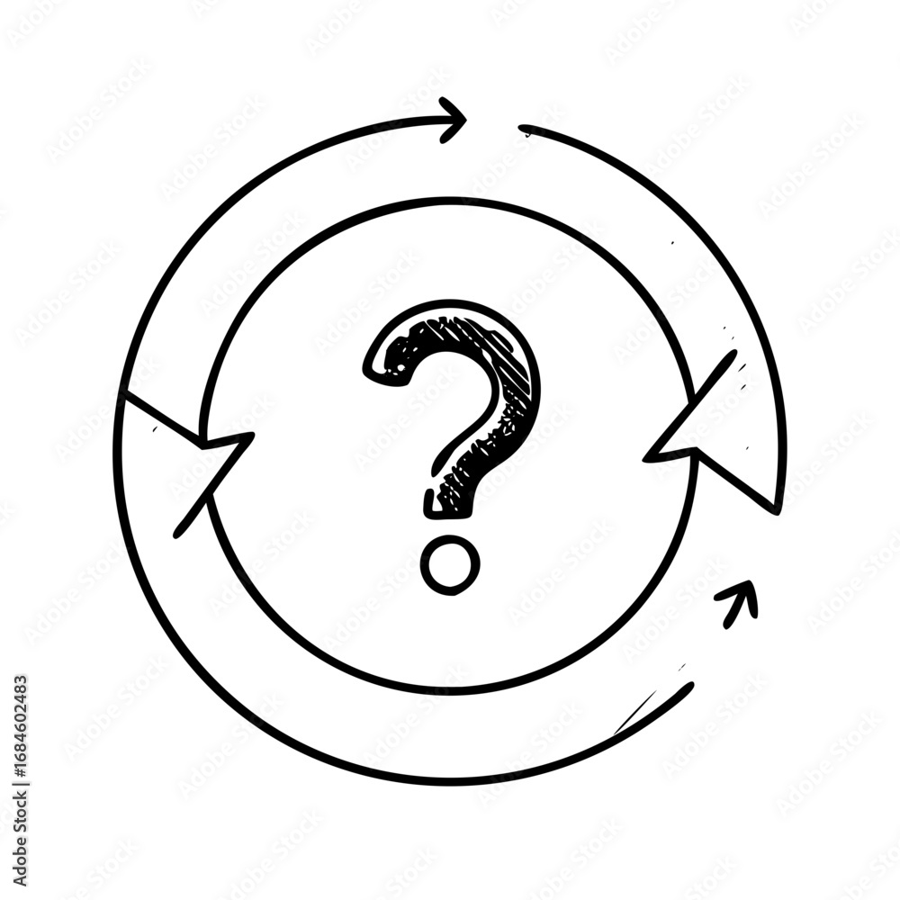 Poster a handdrawn question mark inside a circular arrow, symbolizing a cycle of inquiry or problemsolving 