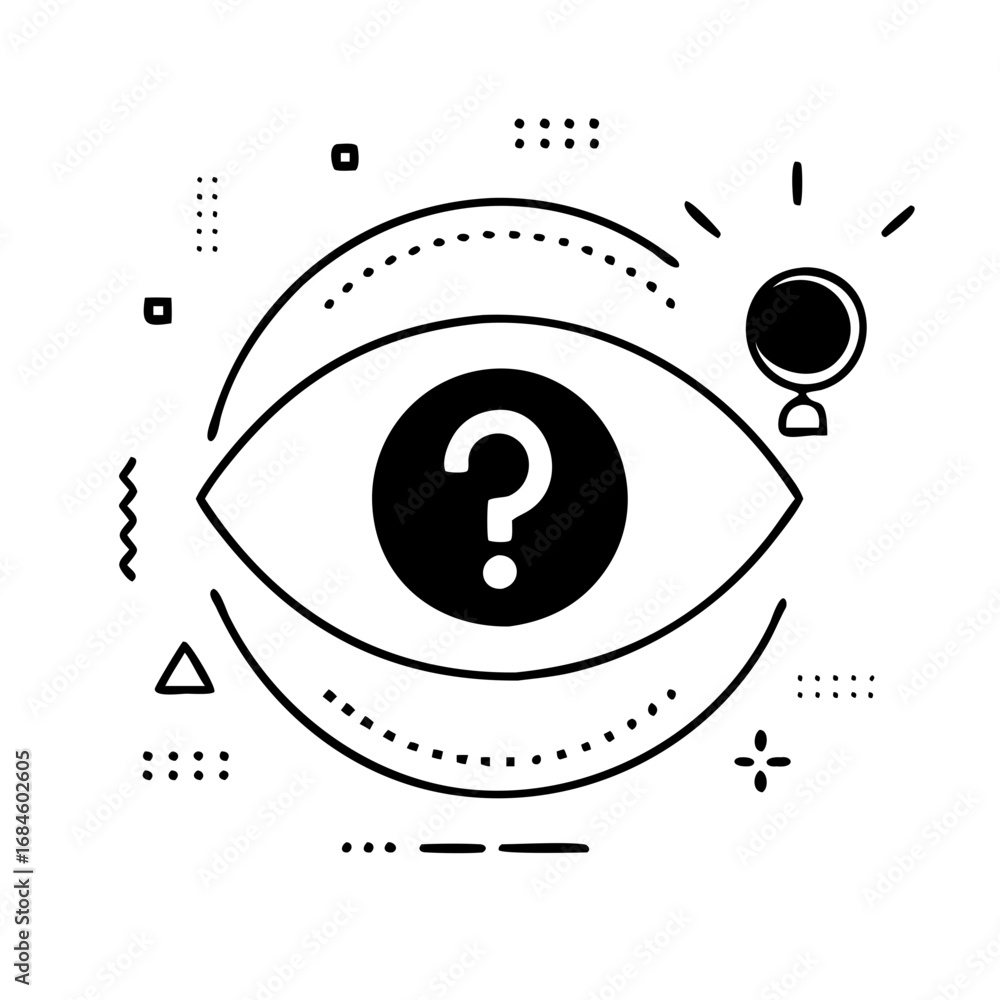Poster graphic representation of an eye containing a question mark, signifying a quest for knowledge icon