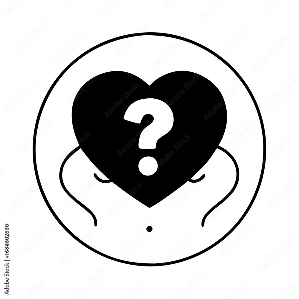 Poster heart with a question mark held by hands inside a circle icon