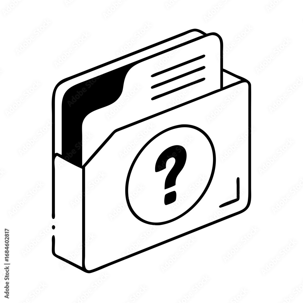 Poster isometric illustration of a folder with documents and a question mark, symbolizing inquiry and infor