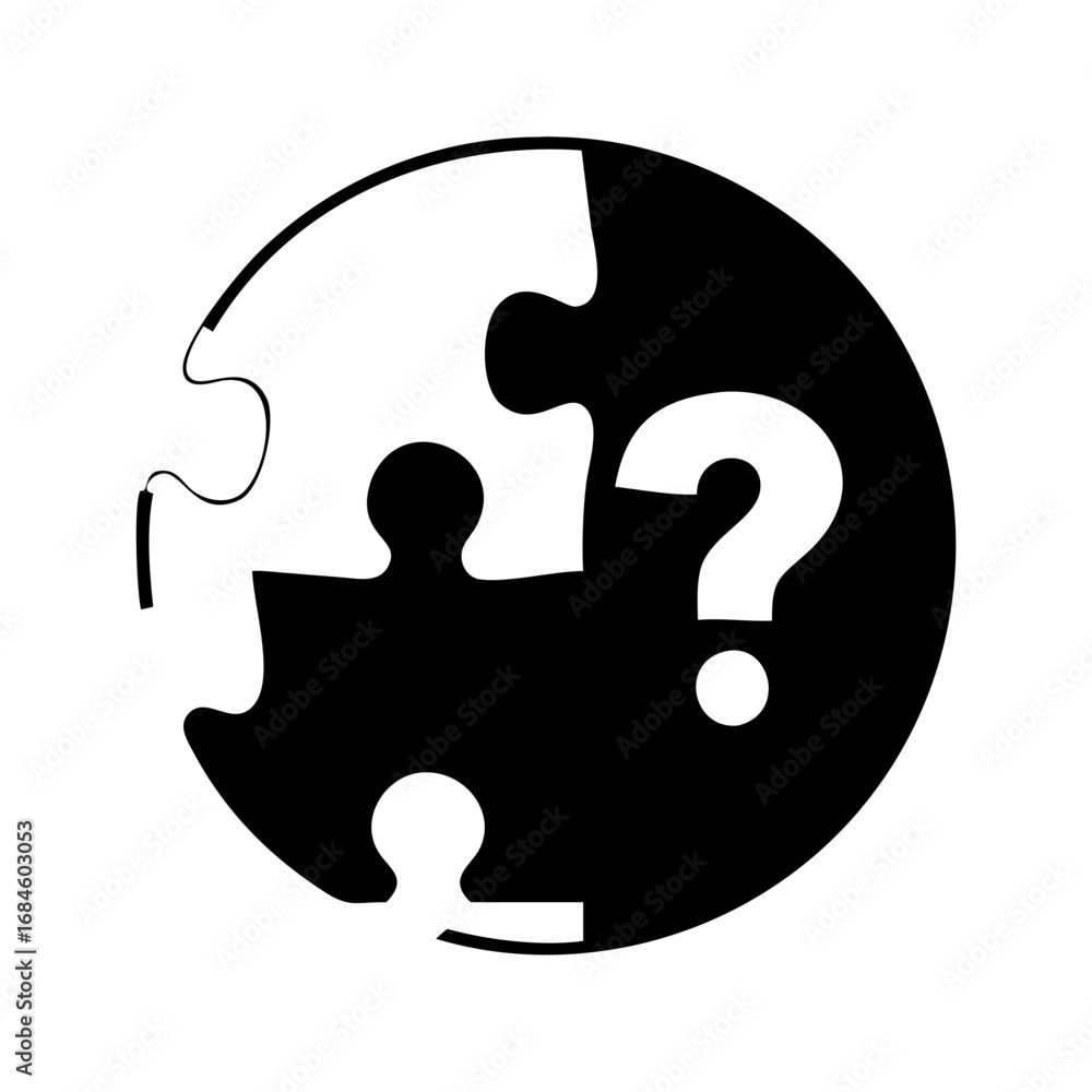 Poster puzzle pieces with a question mark, representing a complex problem or mystery icon