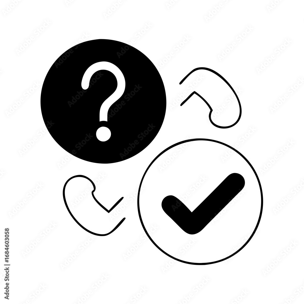 Aufkleber question mark and check mark in circles with connecting lines, suggesting a solution icon