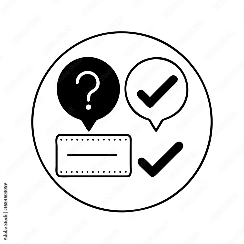 Aufkleber question mark and checkmark in speech bubbles with document icon