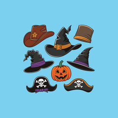 Set of Cartoon Halloween Hats and Pumpkin Vector Illustration Isolated