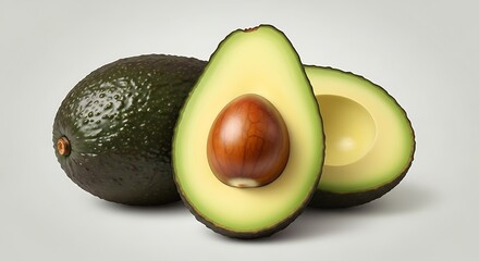 Fresh Green Avocado with Seed and Half Cut on White Background