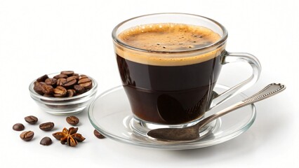 Fototapeta premium Aromatic Espresso Coffee in Glass Cup with Beans and Star Anise