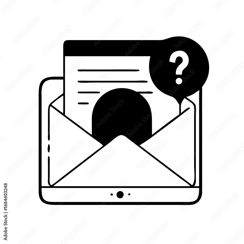 Poster outline illustration of an envelope with a document, question mark in speech bubble and tablet icon