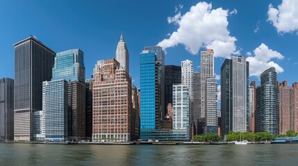 Fototapeta premium Wide Panoramic View of New York City Skyline Featuring Modern Buildings and Skyscrapers Reflecting in the River on a Bright Sunny Day