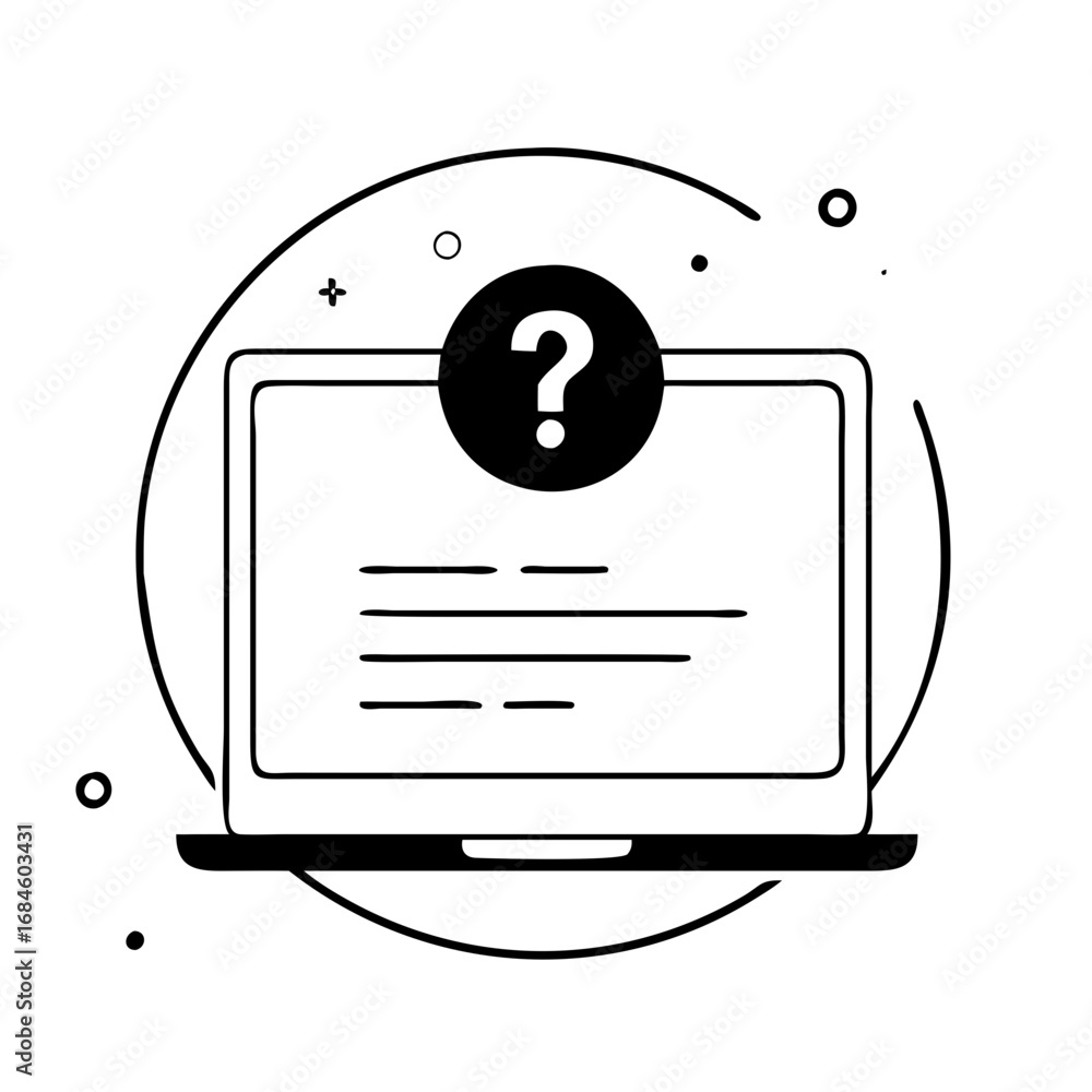 Poster laptop with a question mark in a circle icon