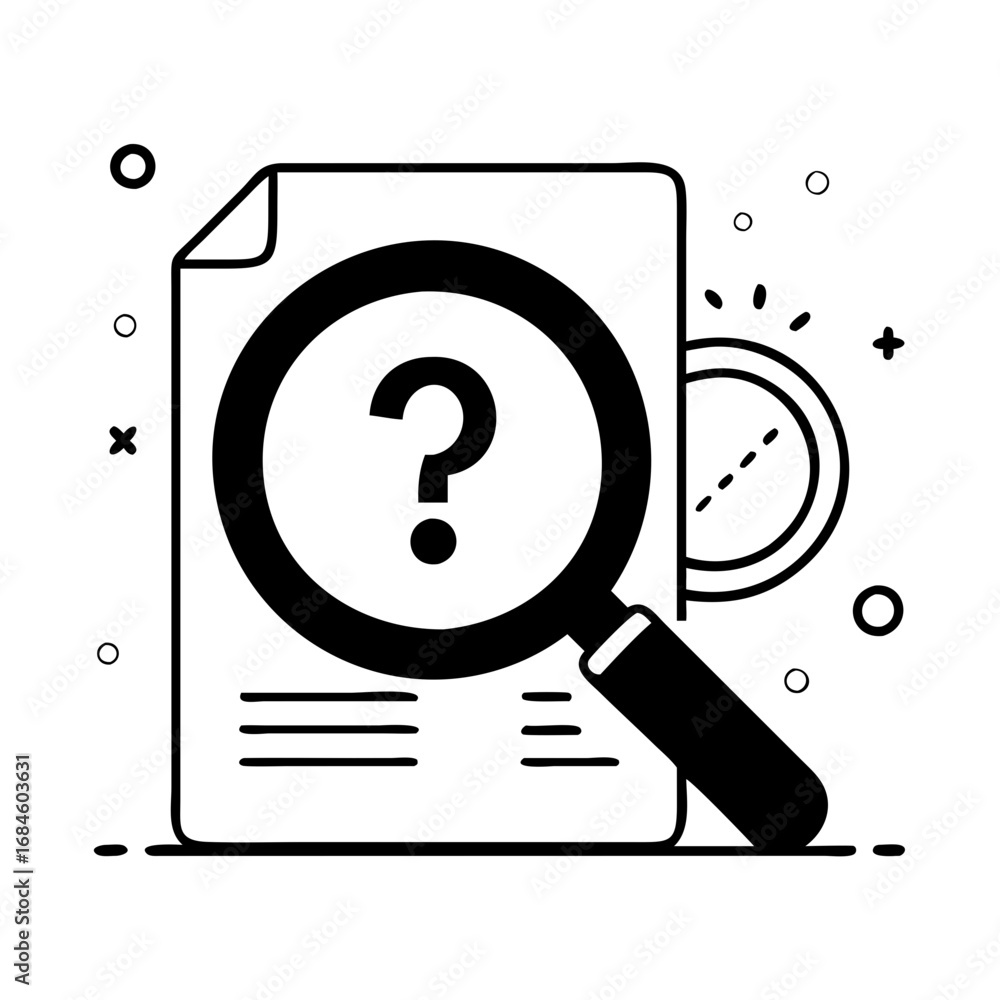 Poster magnifying glass over a document with a question mark and abstract element icon