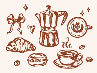 Hand-drawn vector set in analog traces style including coffee cup, moka pot, latte art, croissant, macaron, coffee beans, and decorative elements for cafe design, posters, and packaging