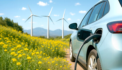 Electric car charging with wind turbines. Renewable energy in green landscape. EV station powered by wind farm. Electric vehicle clean energy concept. Sustainable transportation and ecology.