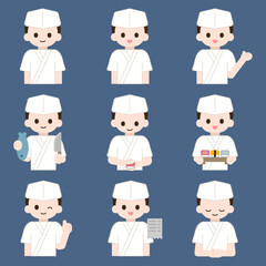 Cute Japanese Sushi Chef Character Poses and Actions Vector Illustration Set