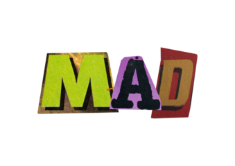 Ransom word "mad" from printout magazine cutout, collage element for graphic design isolated on transparent background