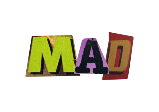 Ransom word "mad" from printout magazine cutout, collage element for graphic design isolated on transparent background