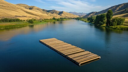 Aerial View of Log Raft Floating on a Calm River with Hills and Trees Under a Clear Blue Sky on a Sunny Day in a Natural Mountain Landscape