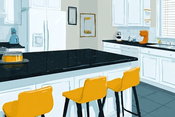 Interior illustration of a modern kitchen with dark countertops and bright yellow chairs.