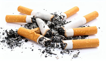Cigarette Butts with Ash Isolated on White Background for Smoking, Waste, and Health Awareness Design