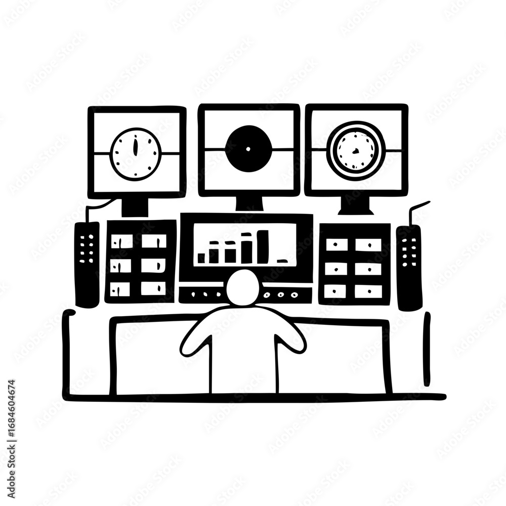 Poster Person sitting at a control desk with multiple monitors displaying data and clocks icon