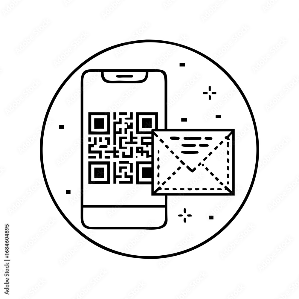 Poster smartphone with qr code and envelope icon, symbolizing digital communication icon