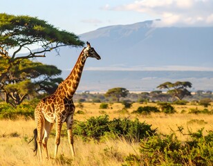 Obraz premium A majestic giraffe stands tall in a golden savanna landscape, bathed in the soft light of dawn, with distant mountains providing a dramatic backdrop.