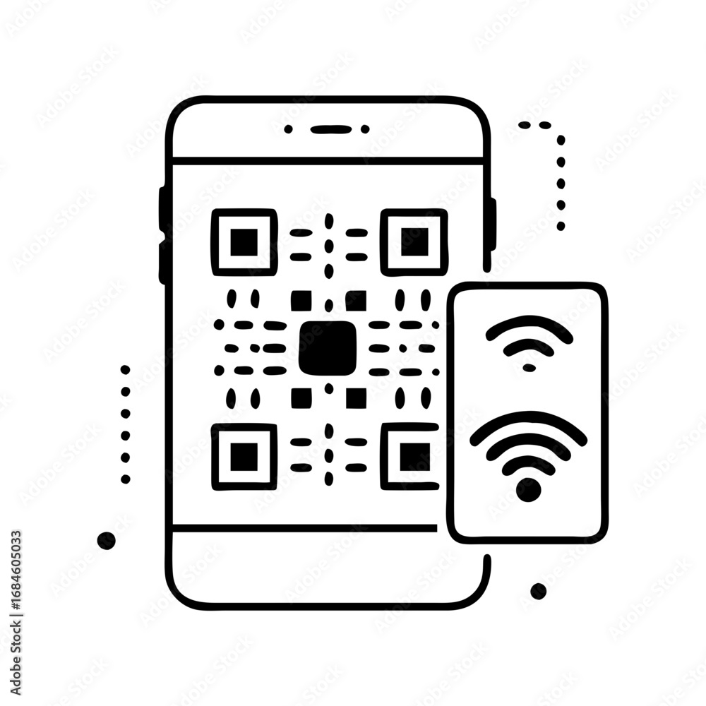 Poster smartphone with qr code and two wireless signal icons icon