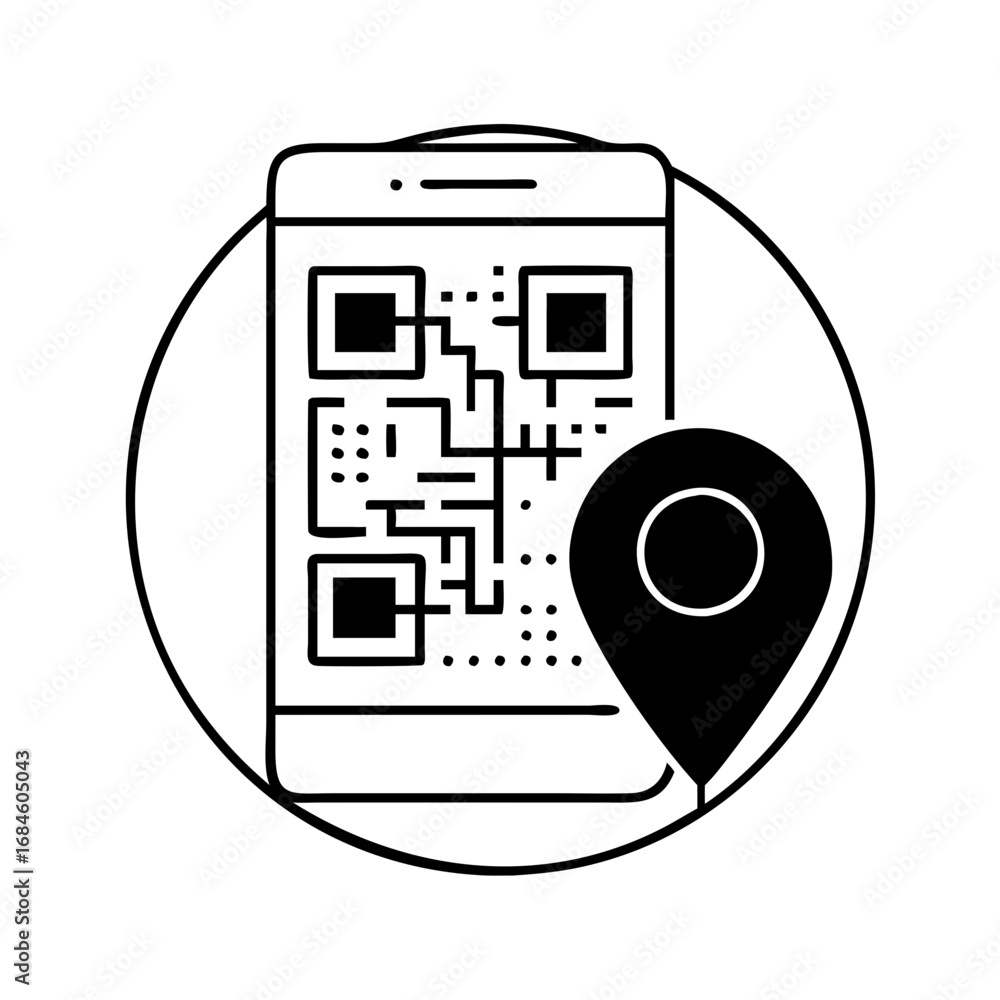 Poster smartphone with qr code and black location pin in circle icon