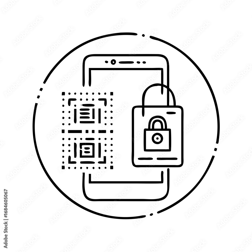 Poster smartphone displaying qr code with padlock and credit cards icon