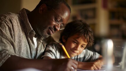 Medium shot of a mixedrace parent helping a child with homework at a table sharp detail on focused faces contrasted by a softly blurred background environment.