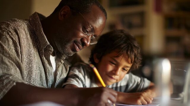 Medium shot of a mixedrace parent helping a child with homework at a table sharp detail on focused faces contrasted by a softly blurred background environment.