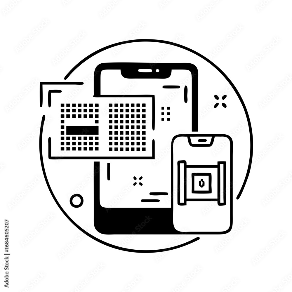 Poster stylized graphic of a smartphone displaying a circuit board and a smaller phone screen icon