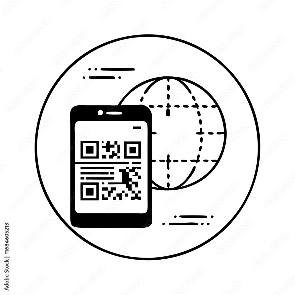 Poster smartphone with qr code and globe icon, representing online access and global connectivity icon