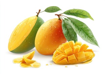 Fototapeta premium Juicy mango halves and slices, wet with drops