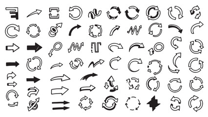 Conjunto de iconos de flechas de diferentes estilos. Flecha de rotación, doble flecha, subir, descargar. Ilustración vectorial 