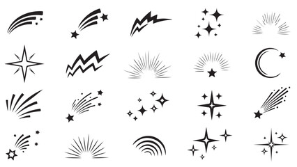 Falling stars vector set. Shooting stars isolated from background. Icons of meteorites and comets. Falling stars with different tails. 