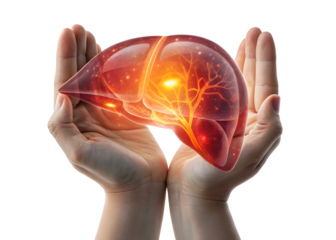 Two Hands Gently Supporting a Translucent Holographic Human Liver Model with Internal Vessels Illuminated in Warm Orange and Red Hues isolated on a transparent background