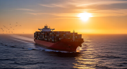 Fototapeta premium Massive container ship sails across vast ocean at golden sunset, seagulls fly alongside