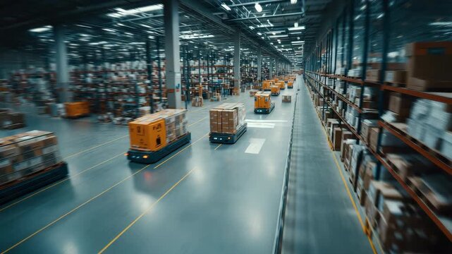 Efficient logistics operation in a large warehouse with automated vehicles transporting goods in organized aisles for timely delivery