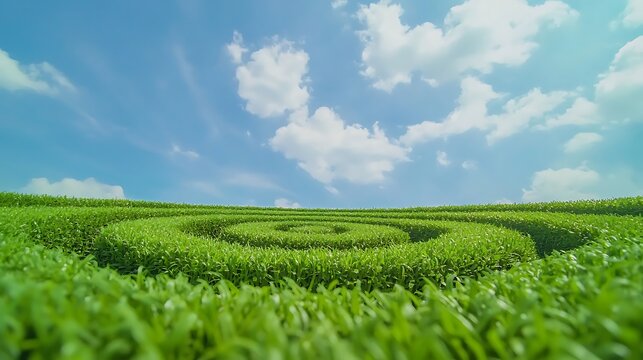 Vast green maze under a bright blue sky with fluffy clouds